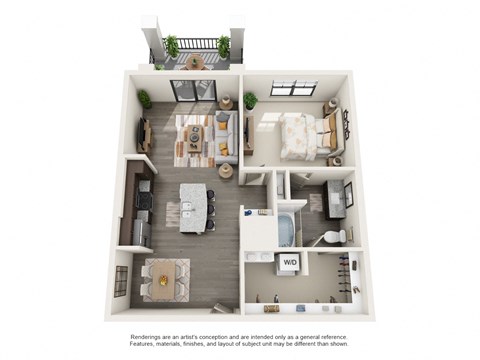 Floor plan for 1 bed, 1 bath, 870 sqft